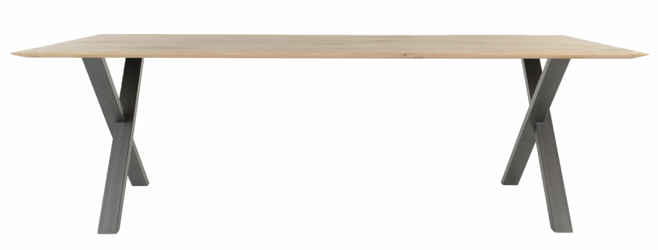 Moderner Esstisch mit Holzplatte und schwarzen Metallbeinen, seitliche Perspektive