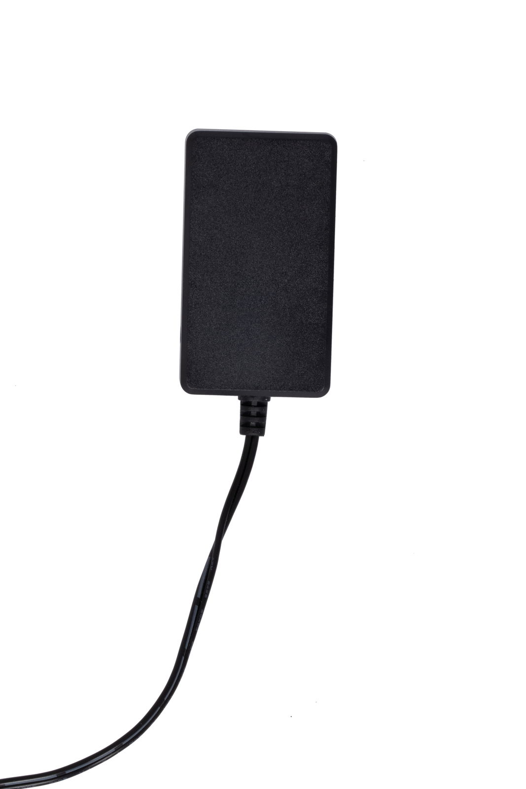 Schwarzes Netzteil mit Kabel, von oben fotografiert