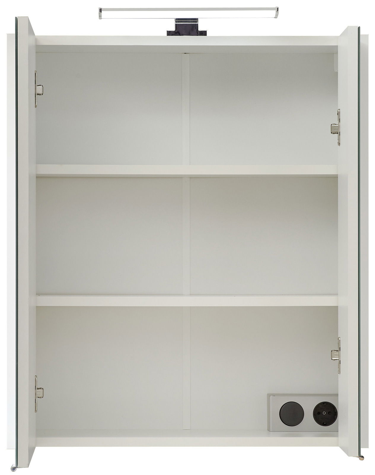 Offener Spiegelschrank mit zwei Einlegeböden und integrierter Beleuchtung, Frontalansicht