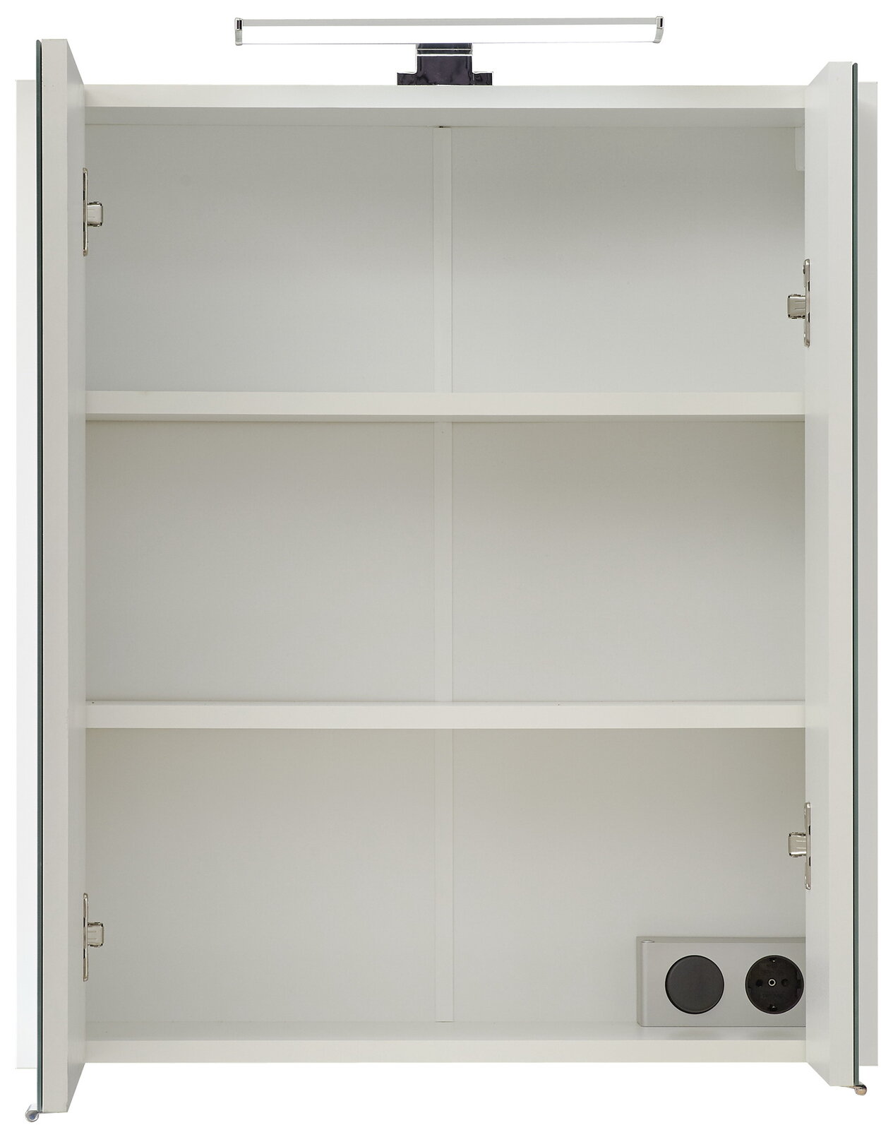 Offener Spiegelschrank mit zwei Einlegeböden und integrierter Beleuchtung, Frontalansicht