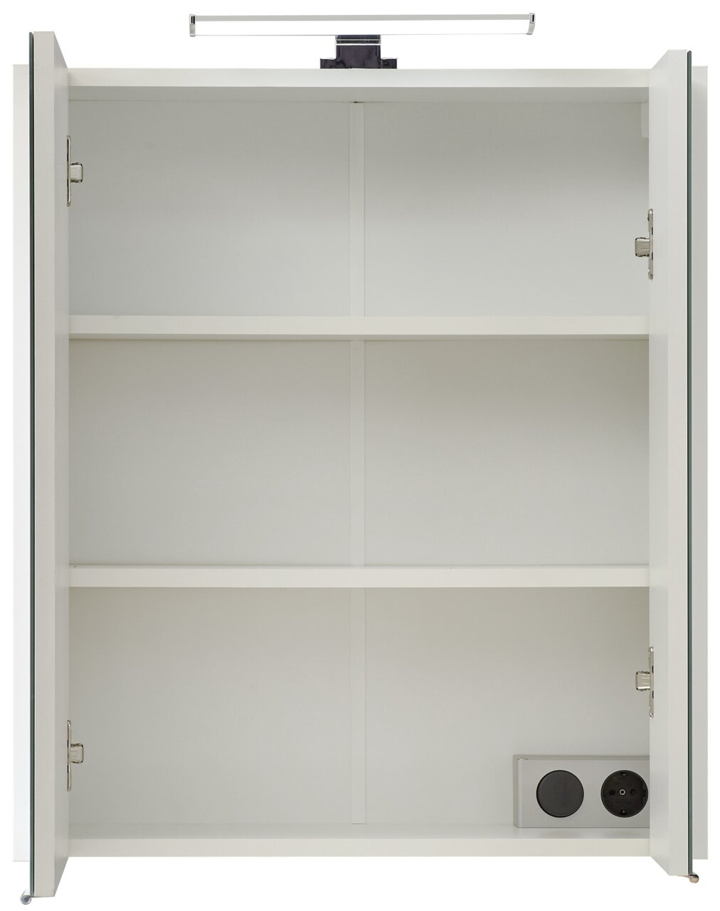 Offener Spiegelschrank mit zwei Einlegeböden und integrierter Beleuchtung, Frontalansicht
