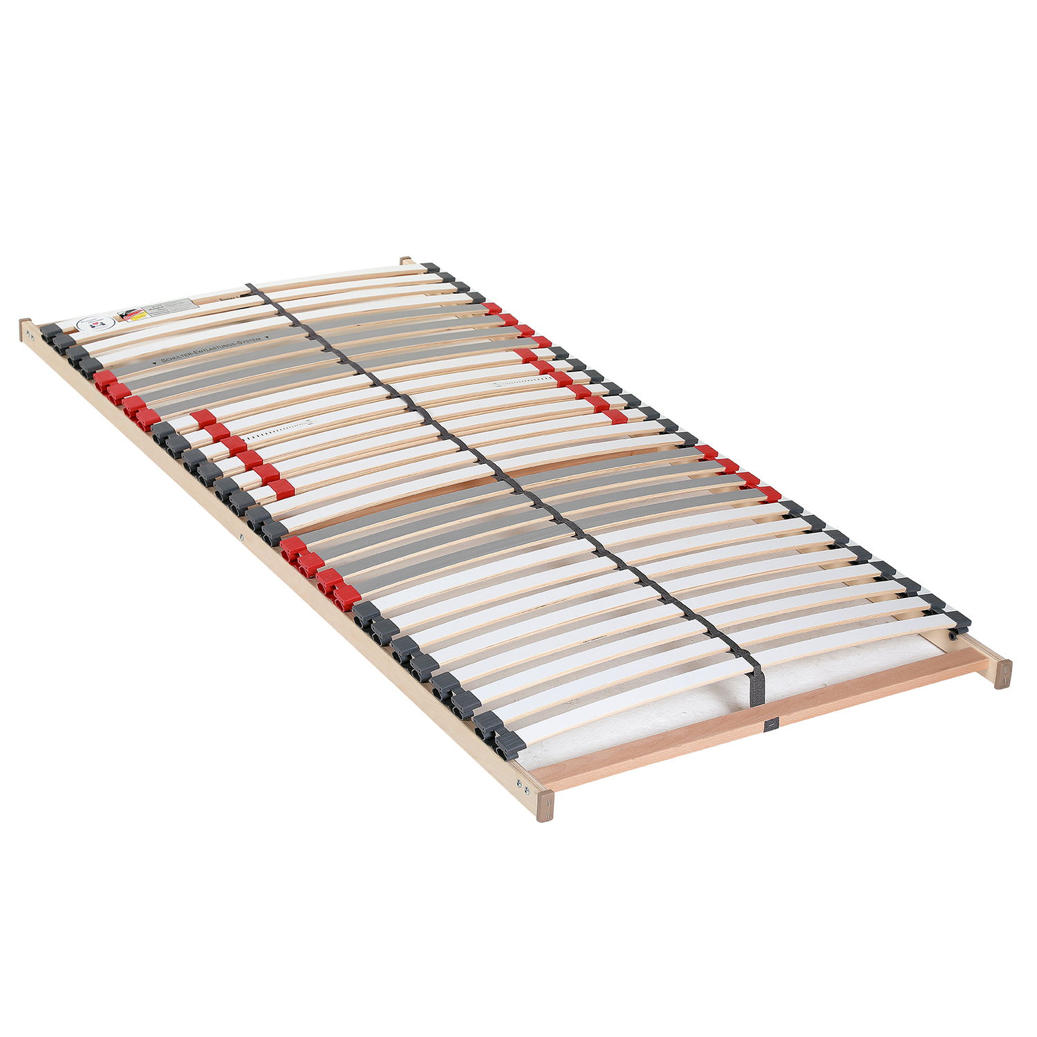 Lattenrost in schräger Perspektive, mit verstellbaren Leisten und roten sowie schwarzen Kunststoffelementen.
