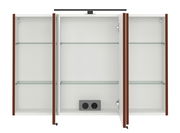 Offener Spiegelschrank mit drei Türen, Glasregalen und integrierter Steckdose, Frontalansicht.