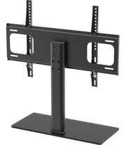 Schwarzer TV-Standfuß mit VESA-Montagehalterung und höhenverstellbaren Schienen auf rechteckiger Bodenplatte, Produktansicht schräg von vorne