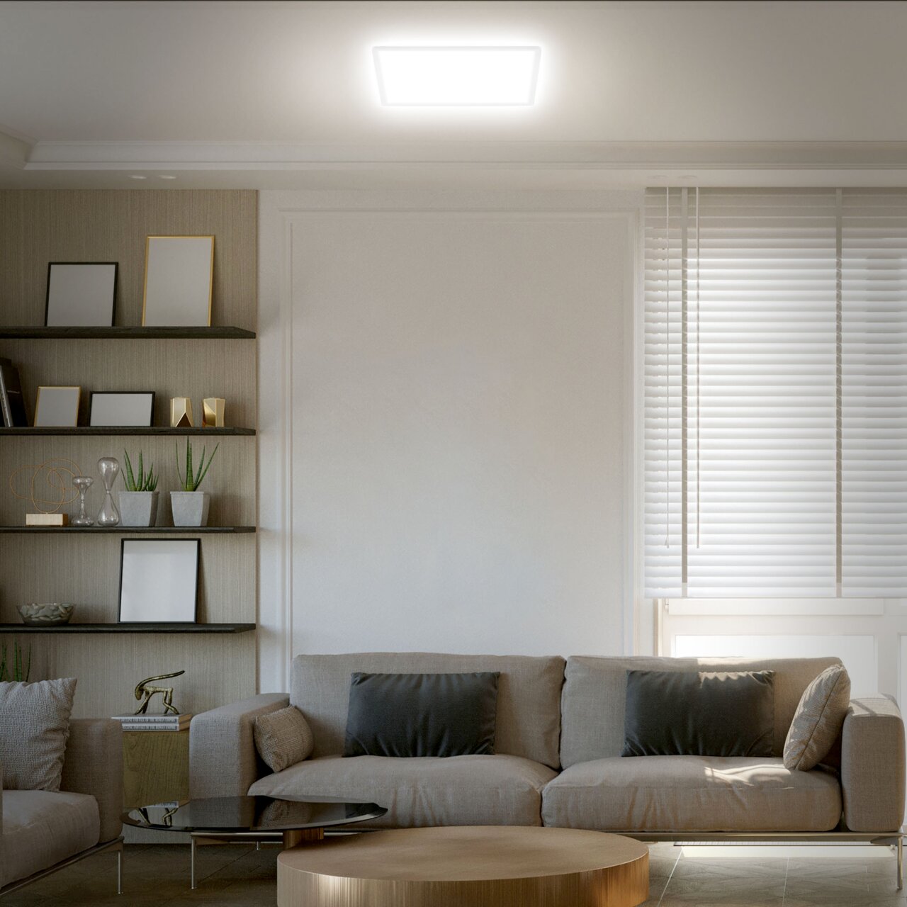 Moderne LED-Deckenleuchte in einem stilvollen Wohnzimmer, von unten betrachtet.
