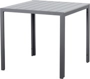 Moderne vierkante tuintafel van 80 x 80 cm van metaal, gezien vanaf de zijkant