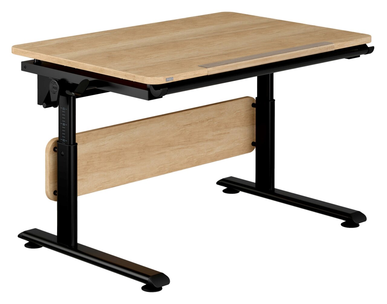 Höhenverstellbarer Schreibtisch aus Holz mit schwarzem Metallgestell, seitliche Perspektive