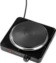 Schwarze elektrische Einzelkochplatte von GOURMETmaxx mit Temperaturregler und roter Kontrollleuchte, aus schräger Vogelperspektive vor weißem Hintergrund