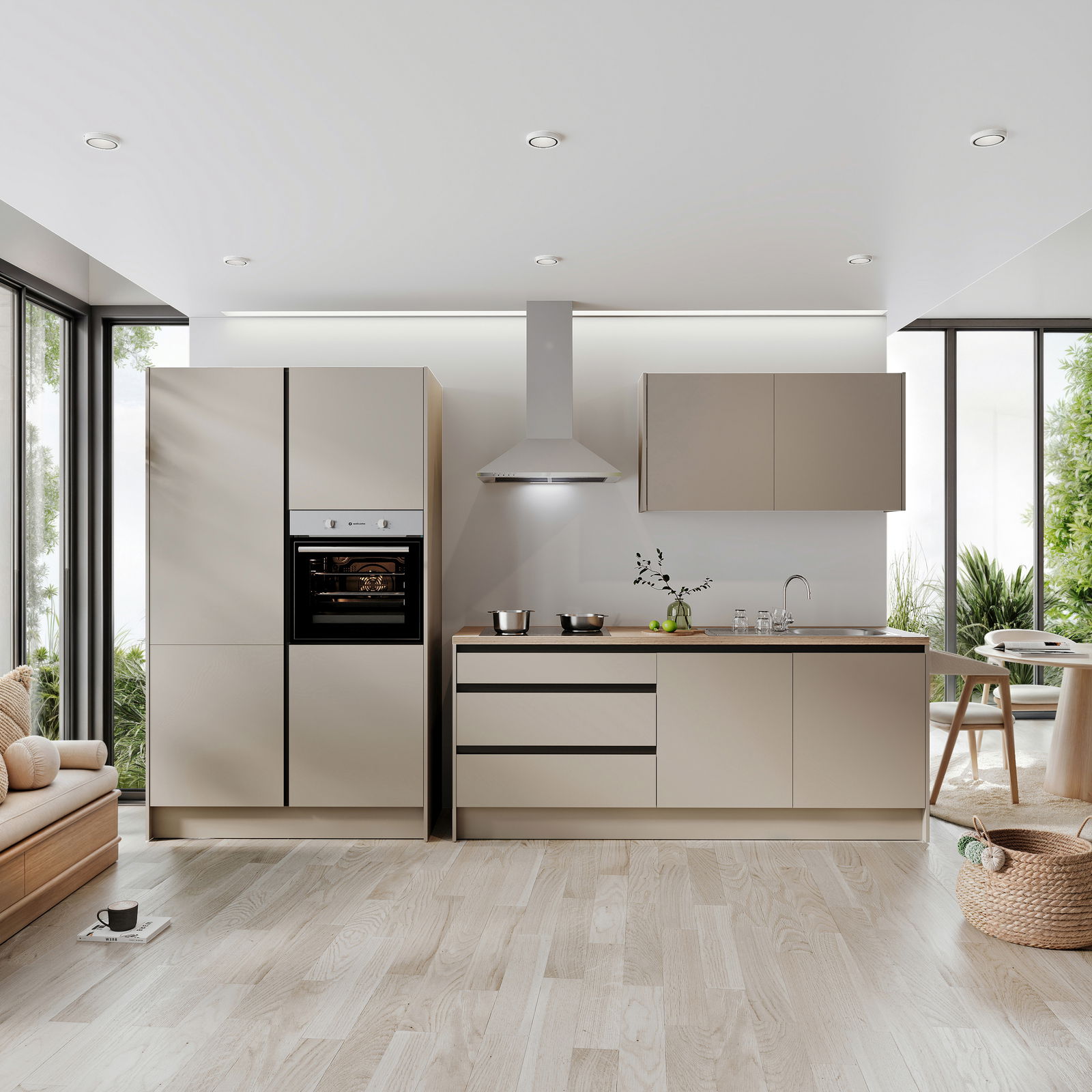 Moderne Küchenzeile in neutralen Tönen mit eingebautem Ofen, Dunstabzugshaube und großzügiger Arbeitsfläche, frontal fotografiert.