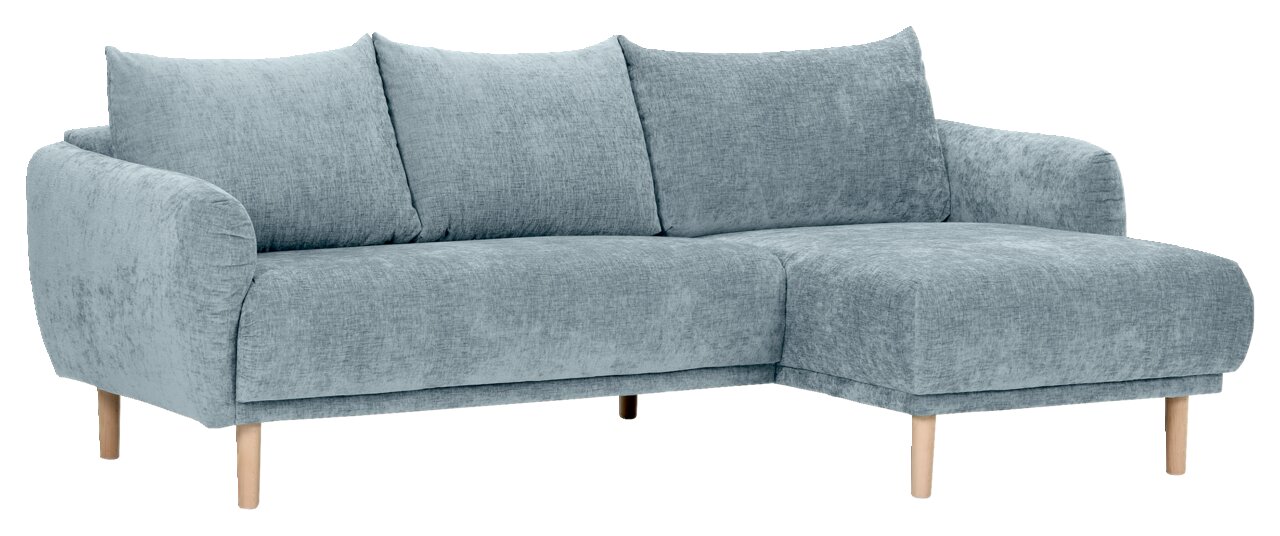 Graues Ecksofa mit Holzbeinen, Ansicht von vorne links