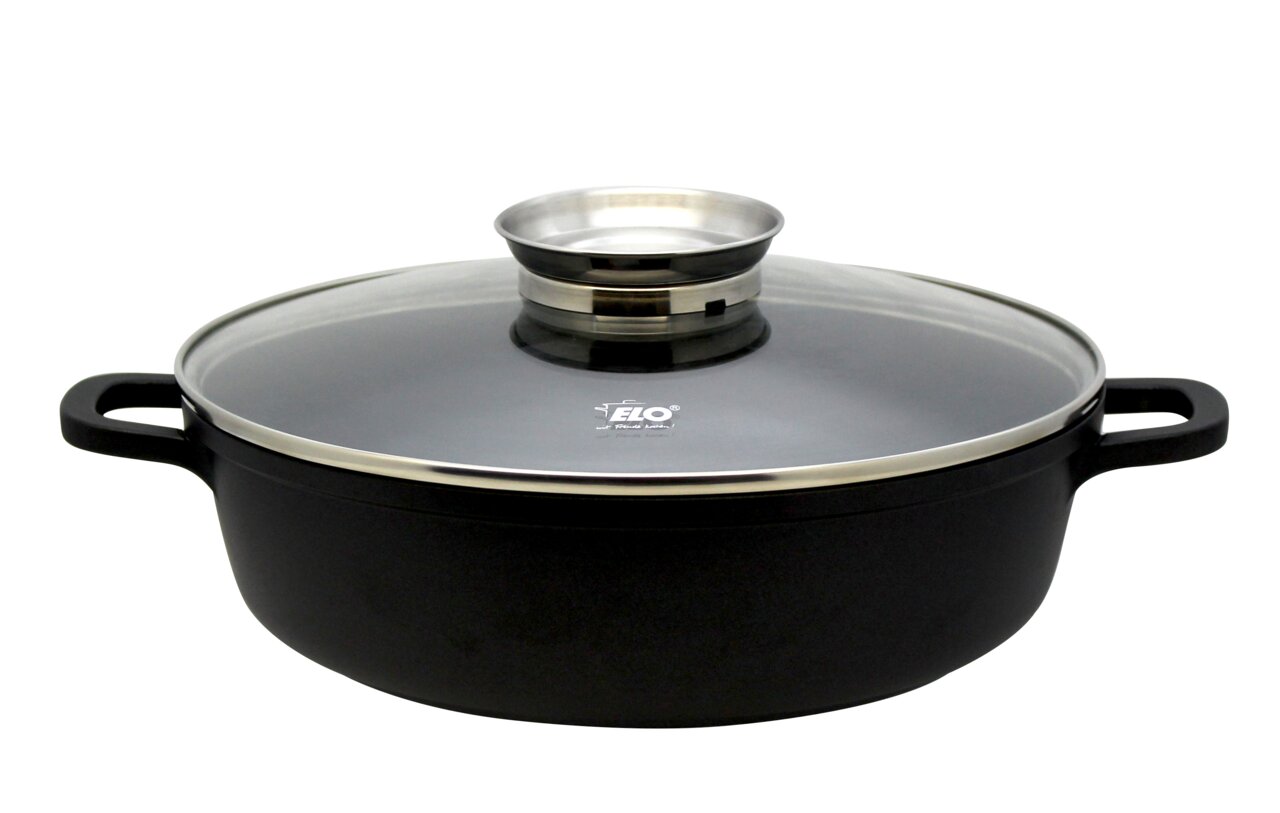 Runde Alucast Servierpfanne mit Glasdeckel und zwei Griffen, seitliche Perspektive