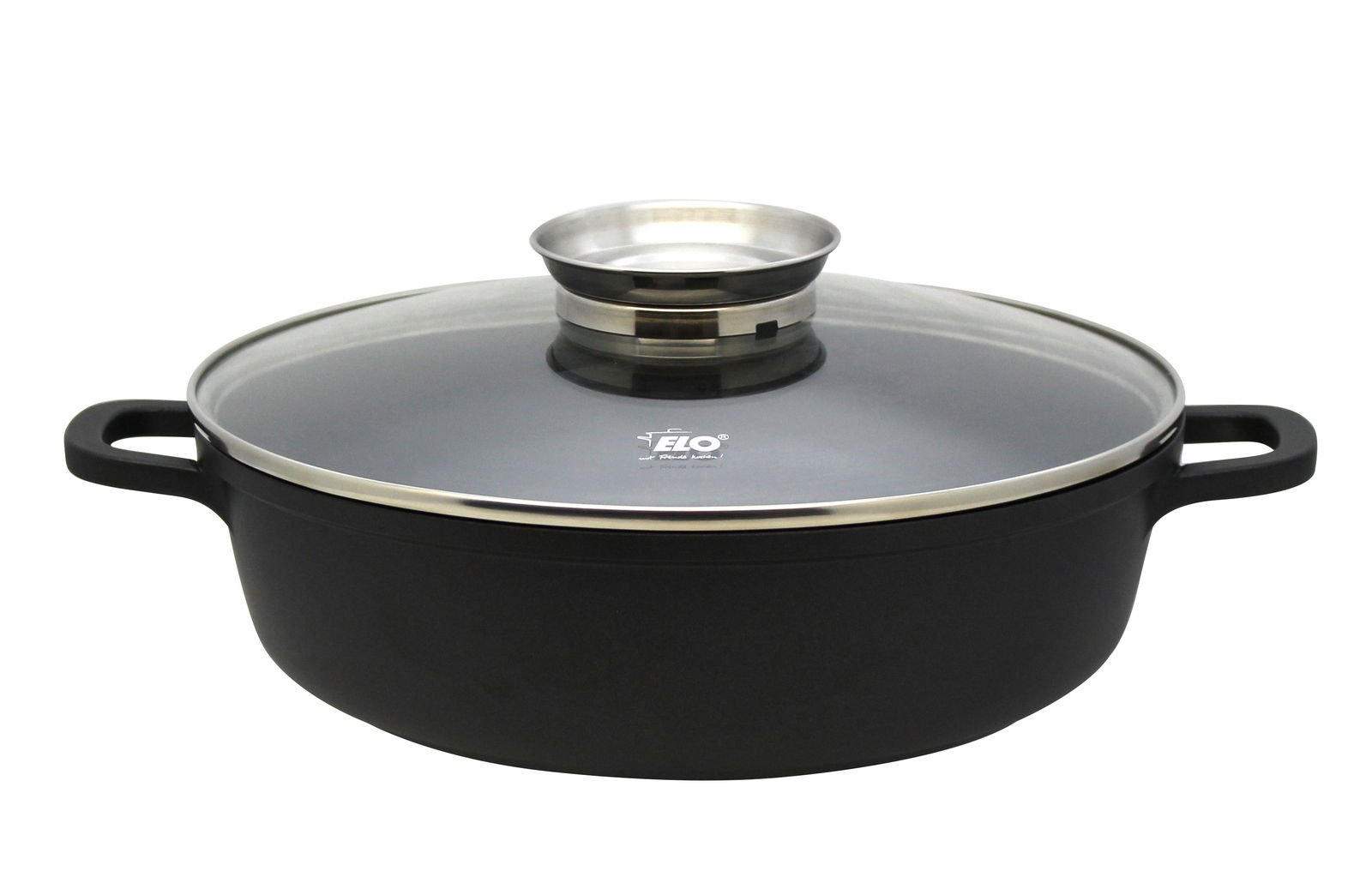 Runde Alucast Servierpfanne mit Glasdeckel und zwei Griffen, seitliche Perspektive