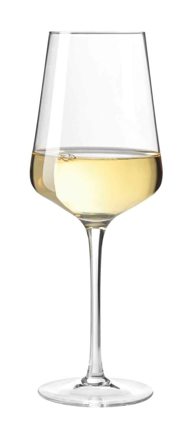 Weißweinglas Puccini 560ml, gefüllt mit Weißwein, seitliche Ansicht