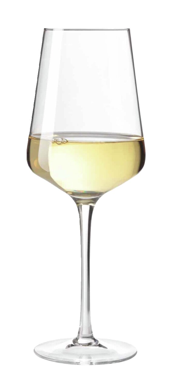 Weißweinglas Puccini 560ml, gefüllt mit Weißwein, seitliche Ansicht