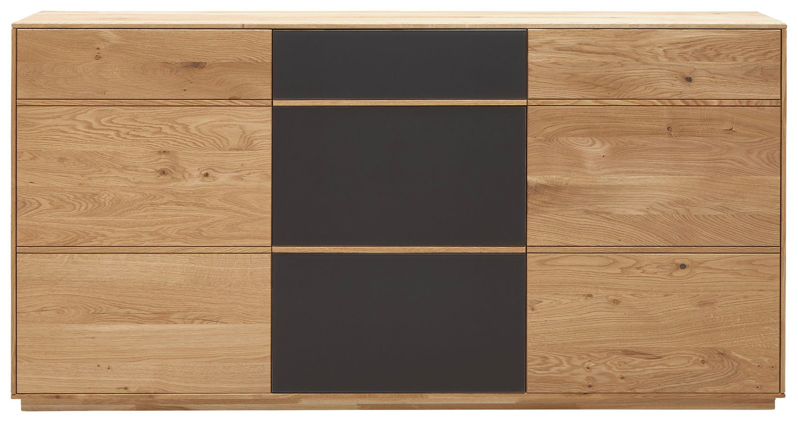 Frontale Ansicht eines zweifarbigen Sideboards mit zwei Türen, Holzoptik und dunklen Akzenten.