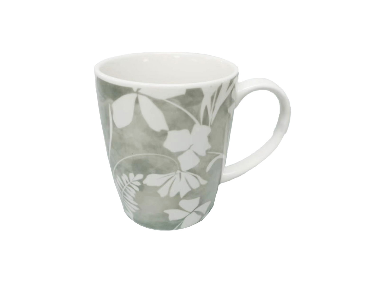 Graue Tasse mit floralem Muster, seitliche Perspektive