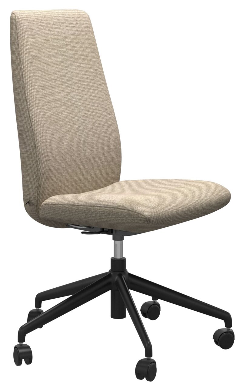 Moderner Home-Office-Stuhl in Beige mit schwarzem Drehfuß, seitliche Perspektive