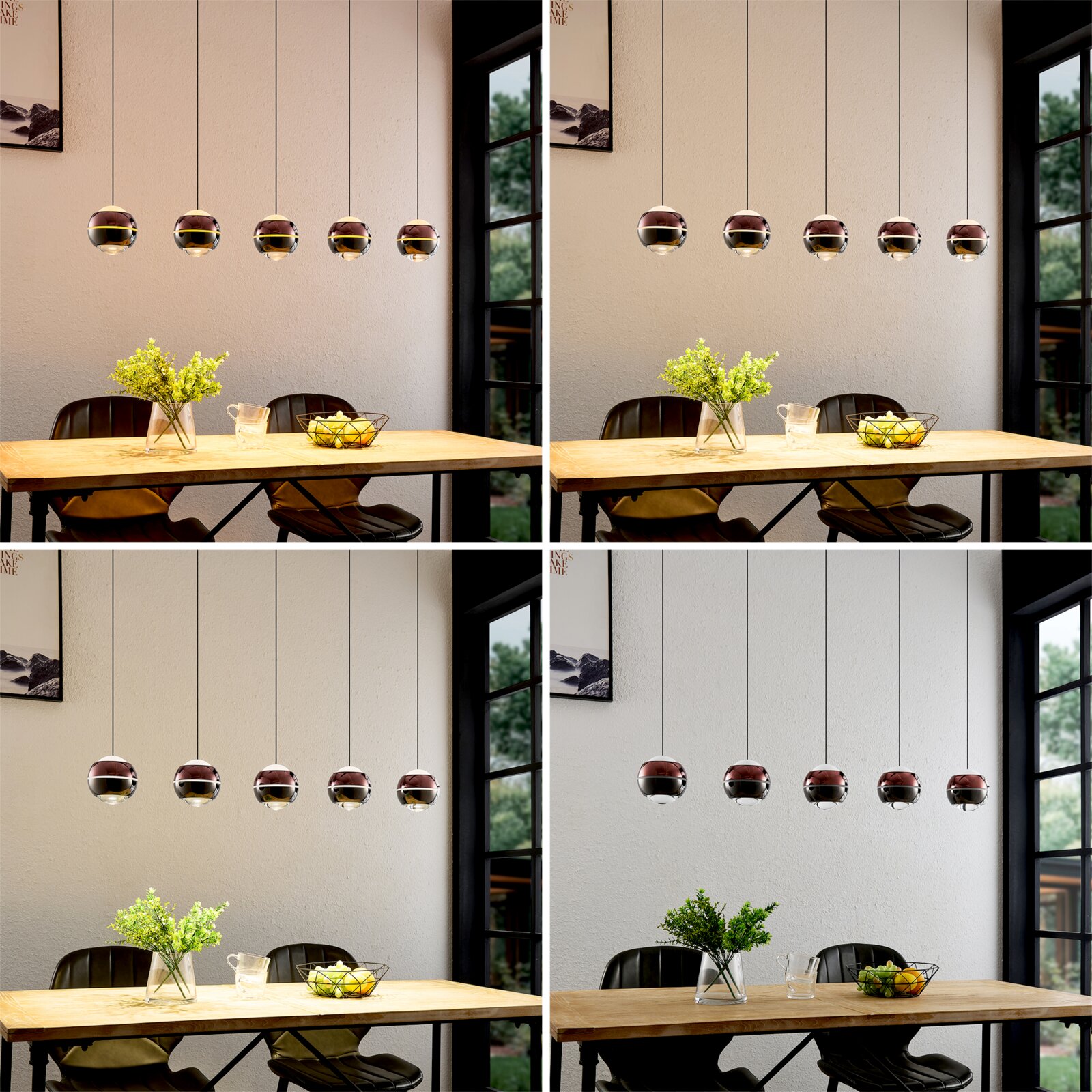Moderne Pendelleuchte mit fünf kugelförmigen Glas-Schirmen in Rauch-/Amberoptik über einem Holztisch im Essbereich, Frontansicht auf Augenhöhe.