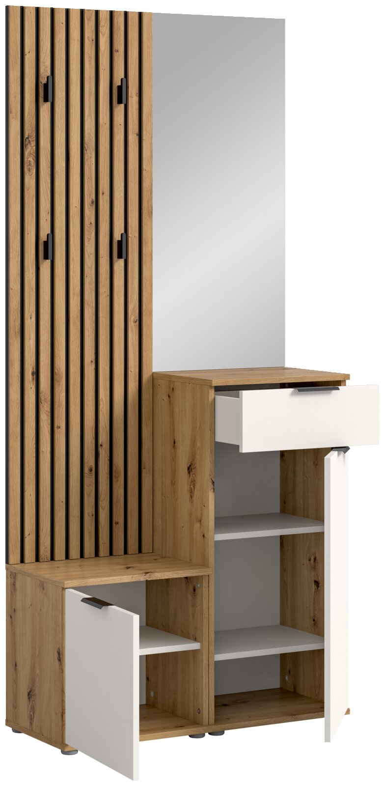 Kompaktgarderobe aus Holz mit Spiegel, Schublade und offenen Fächern, seitliche Perspektive