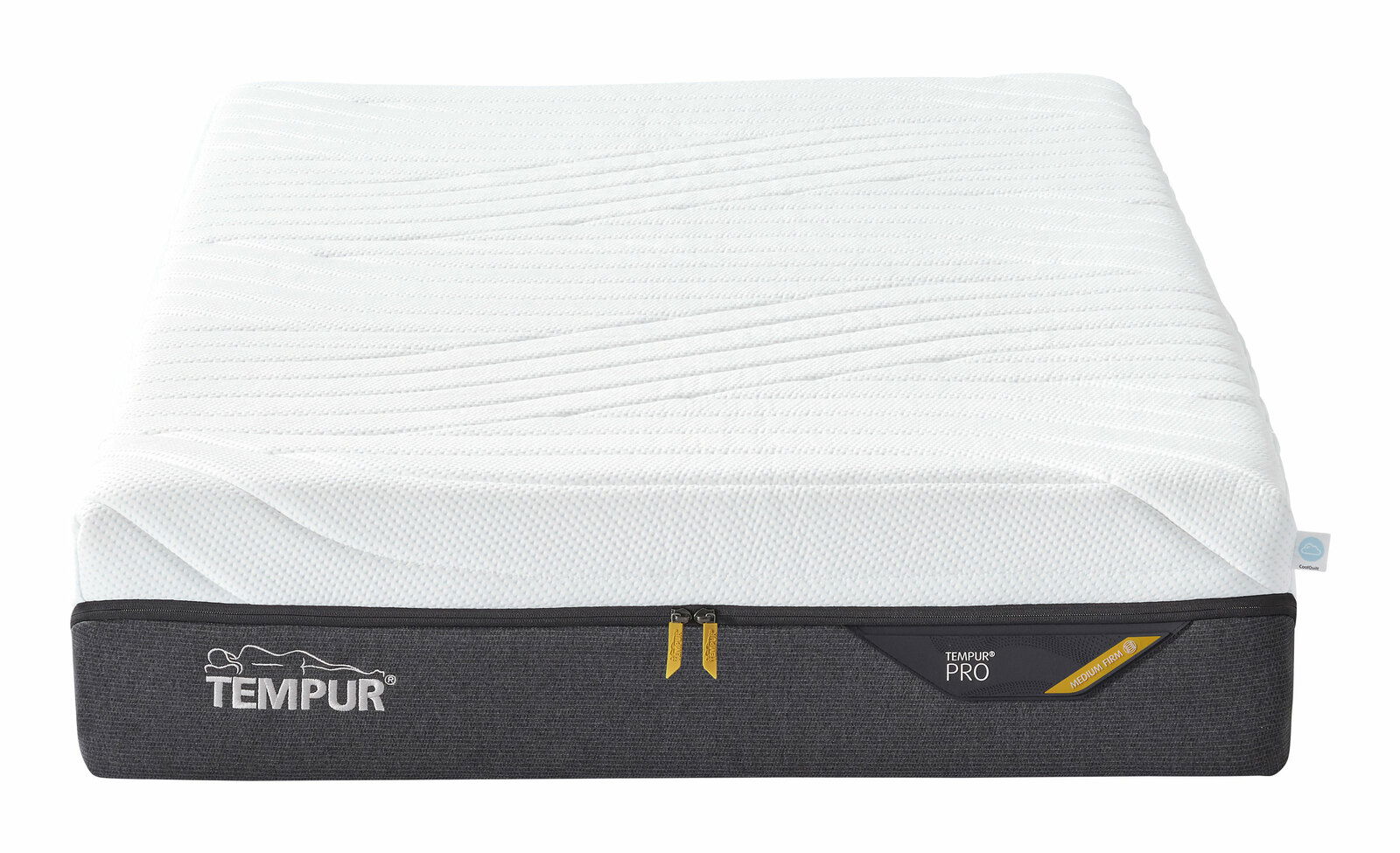 Tempur TFK-Matratze PRO COOLQUILT Matratze von vorne, TEMPUR Pro Modell, mit weißem Bezug und grauem Rand, mittelfest.