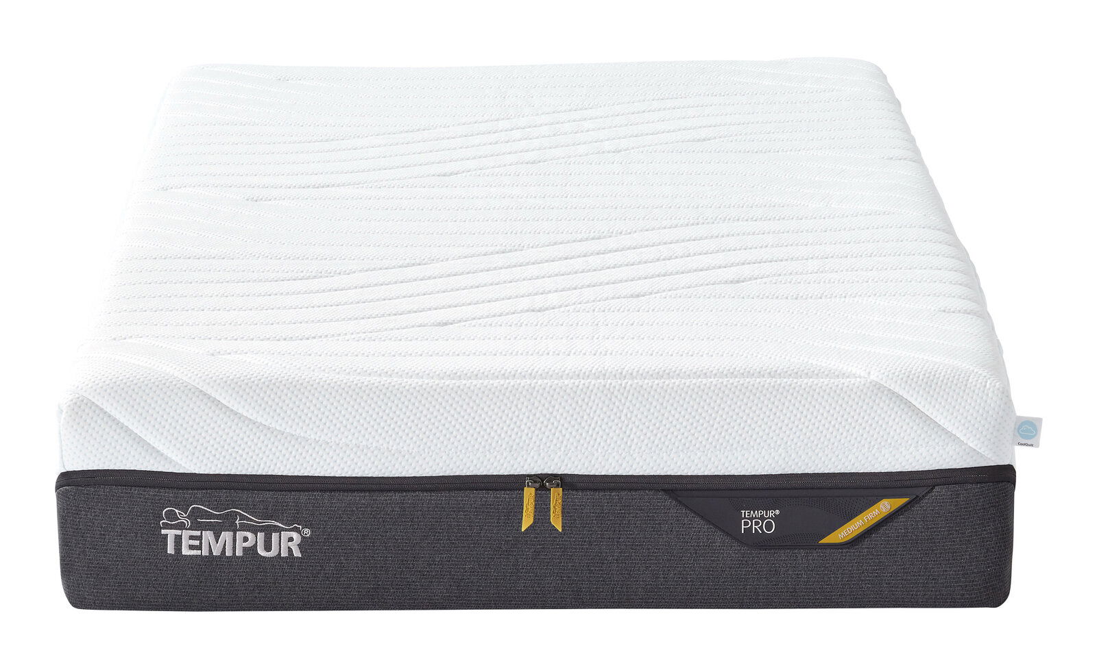 Tempur TFK-Matratze PRO COOLQUILT Matratze von vorne, TEMPUR Pro Modell, mit weißem Bezug und grauem Rand, mittelfest.