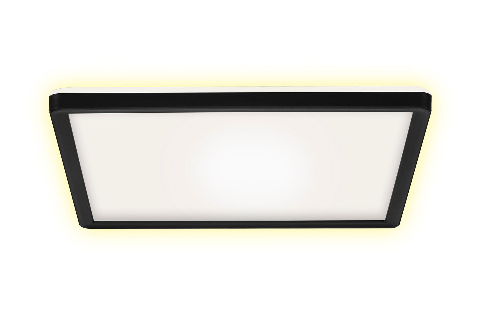 Quadratische LED-Deckenleuchte mit schwarzem Rahmen, von unten betrachtet, mit sanftem gelbem Lichtschein an den Rändern.