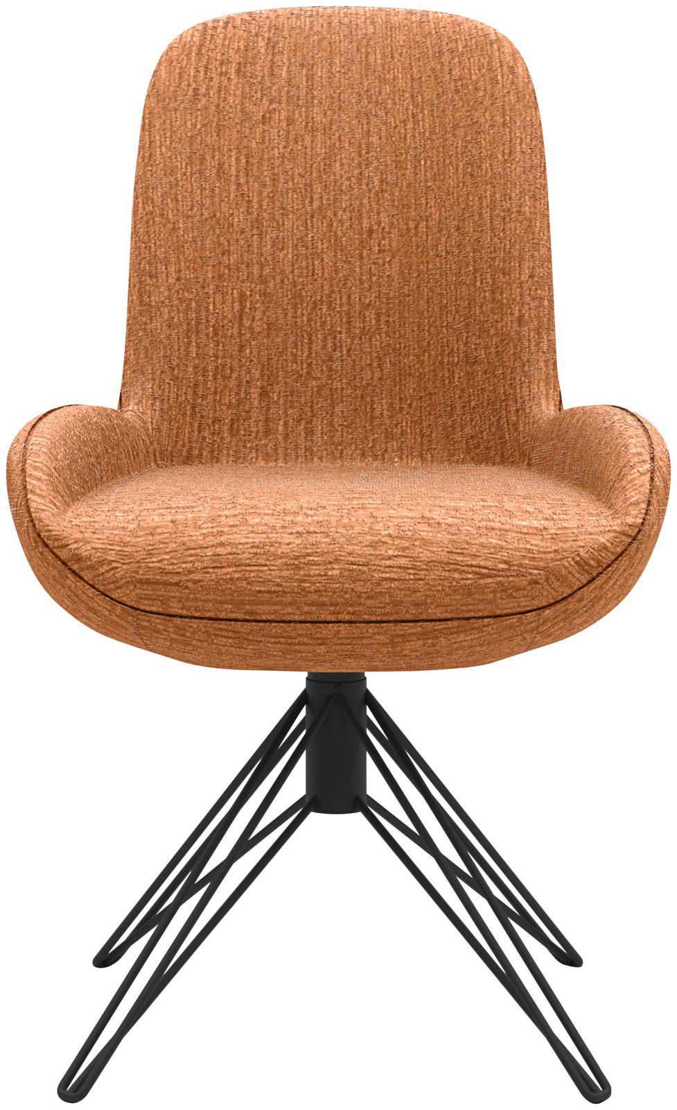 Moderner Stuhl mit braunem Stoffbezug und schwarzem Metallgestell, Frontalansicht