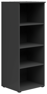 Schwarzes Regal mit vier offenen Fächern, seitliche Perspektive