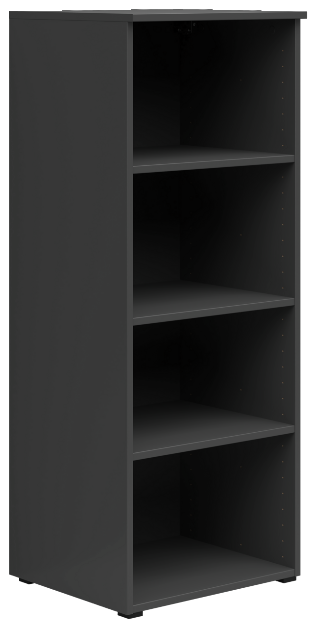 Schwarzes Regal mit vier offenen Fächern, seitliche Perspektive