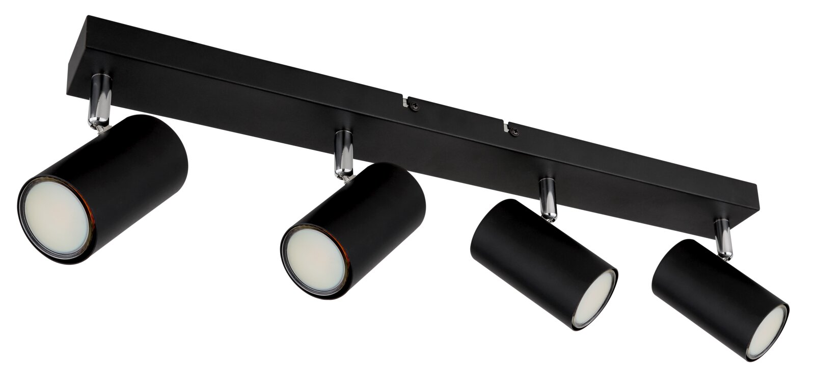 Zwarte plafondspot met vier verstelbare lampen, zijaanzicht