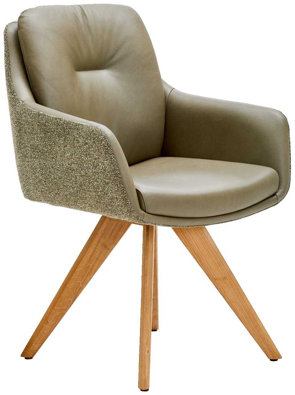 Waldwelt Armlehnstuhl ARUBA Moderner Armlehnstuhl mit olivgrünem Polster und Holzbeinen, seitliche Perspektive