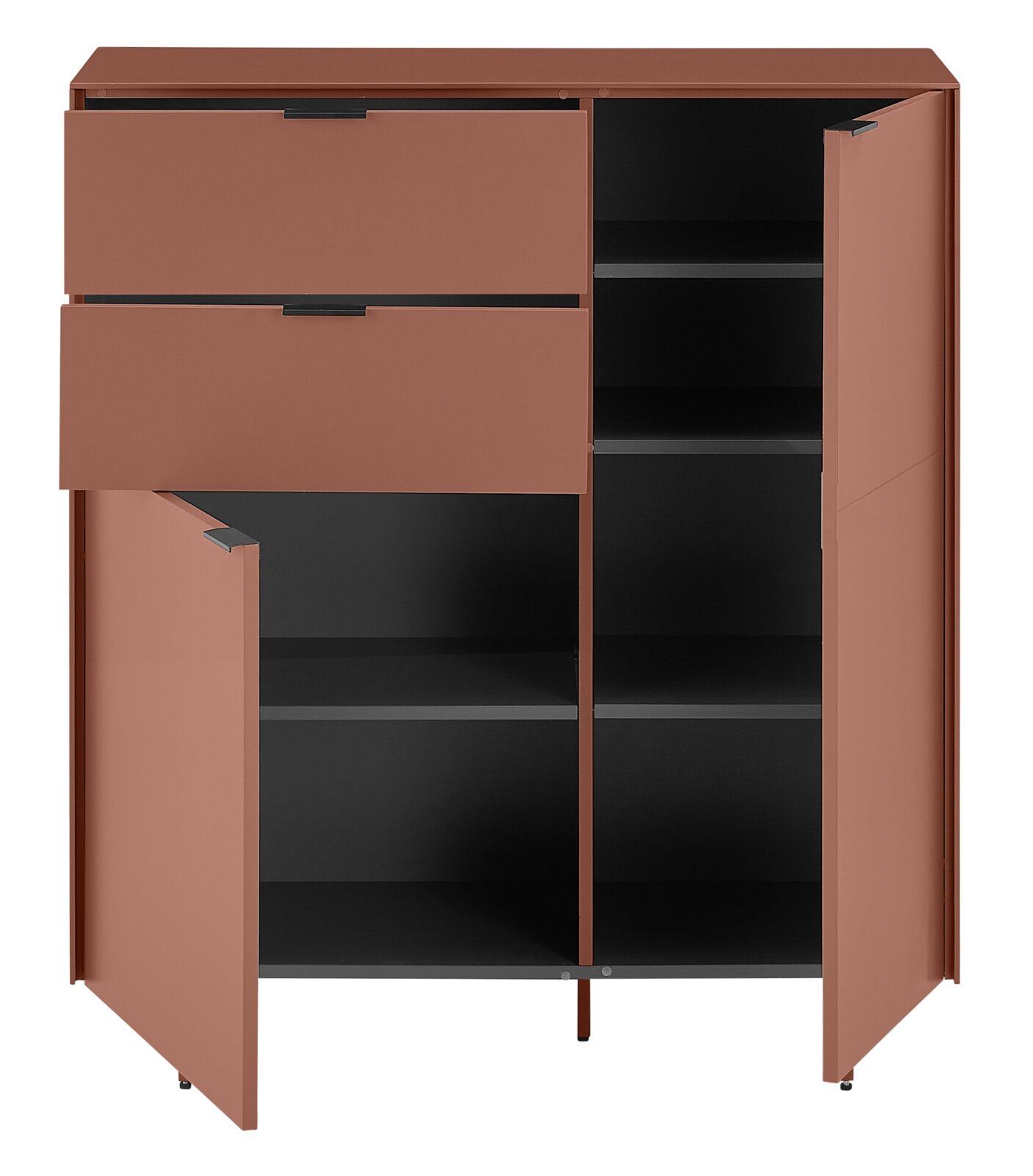 Terrakottafarbener Sideboard-/Kommodenschrank mit zwei Schubladen und zwei geöffneten Türen, innen schwarze Regalböden, Frontansicht leicht von oben auf weißem Hintergrund