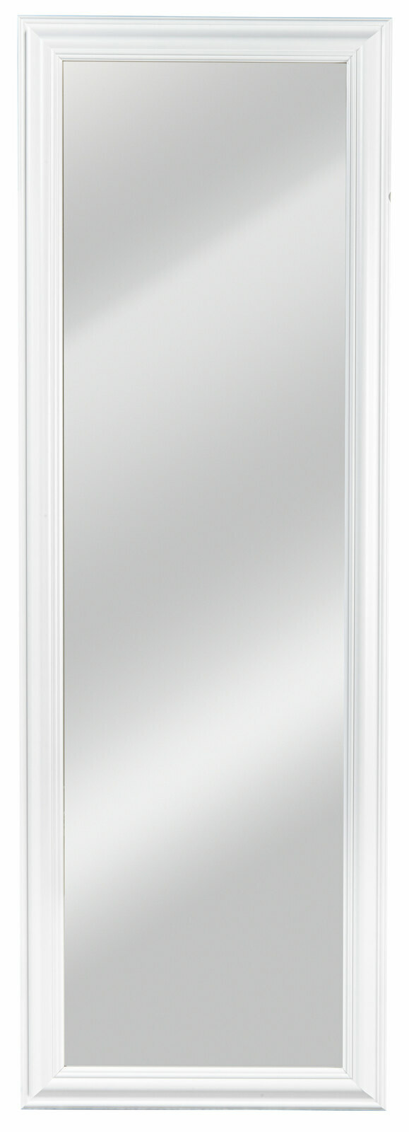 Rechteckiger Spiegel mit weißem Rahmen, ca. 50x150 cm, Frontalansicht.