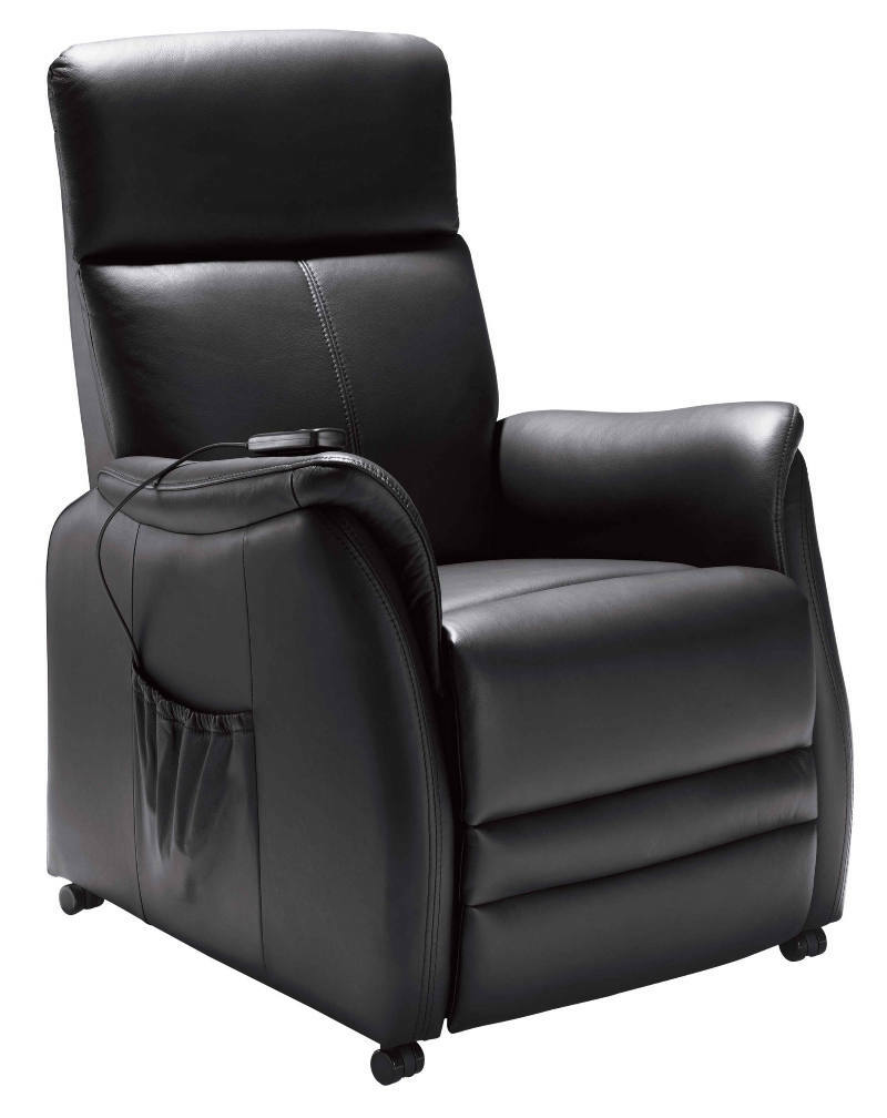 Schwarzer Fernsehsessel Cantus AMARILLO in seitlicher Perspektive mit Fernbedienung und Seitentasche.