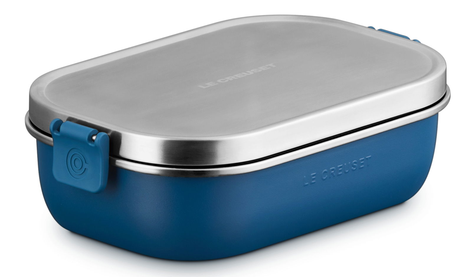 LE CREUSET Lunchbox Deep Teal ON THE GO Lunchbox 900ml in tiefem Blau mit Edelstahl-Deckel, seitliche Perspektive