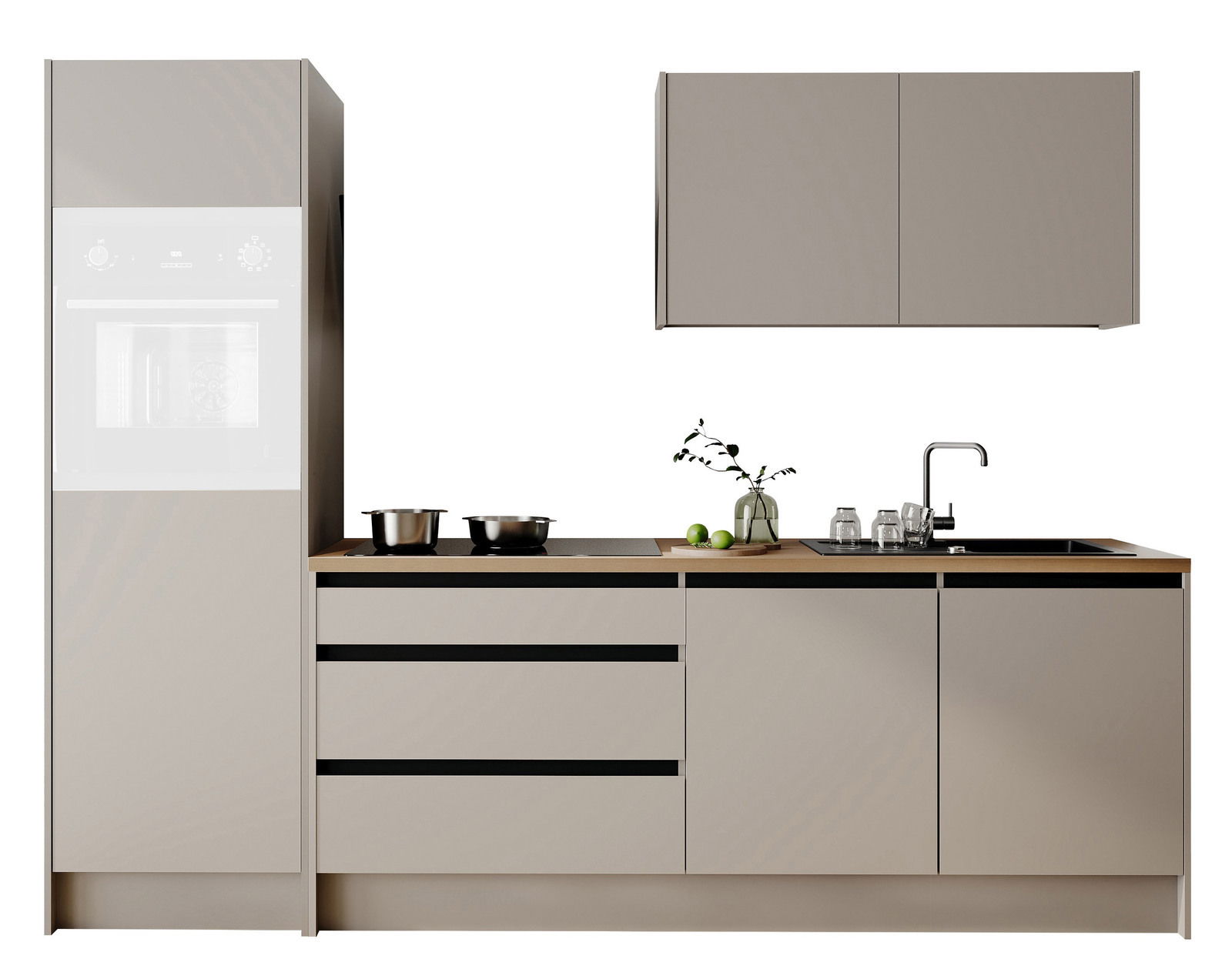 Yourkitchen Küchenblock 273 TROJA Moderne Küchenzeile in neutralen Tönen mit Schränken, Arbeitsplatte und Spüle, frontale Ansicht.