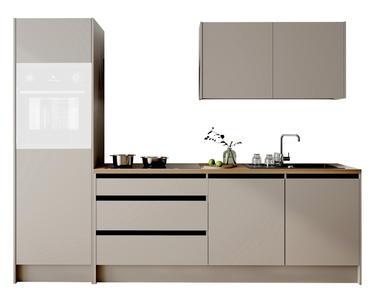 Yourkitchen Keukenblok 273 TROJA Moderne Küchenzeile in neutralen Tönen mit Schränken, Arbeitsplatte und Spüle, frontale Ansicht.