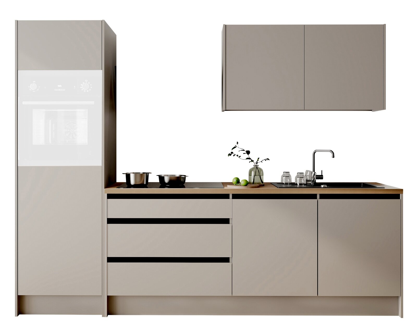 Yourkitchen Keukenblok 273 TROJA Moderne keukenblok in neutrale tinten met kasten, werkblad en spoelbak, gezien van voren.