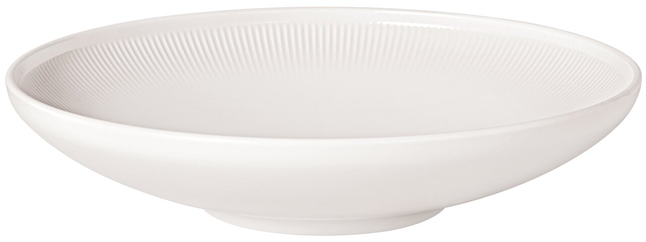Weißer Suppenteller Afina 25cm mit feiner Rillenstruktur, seitliche Perspektive