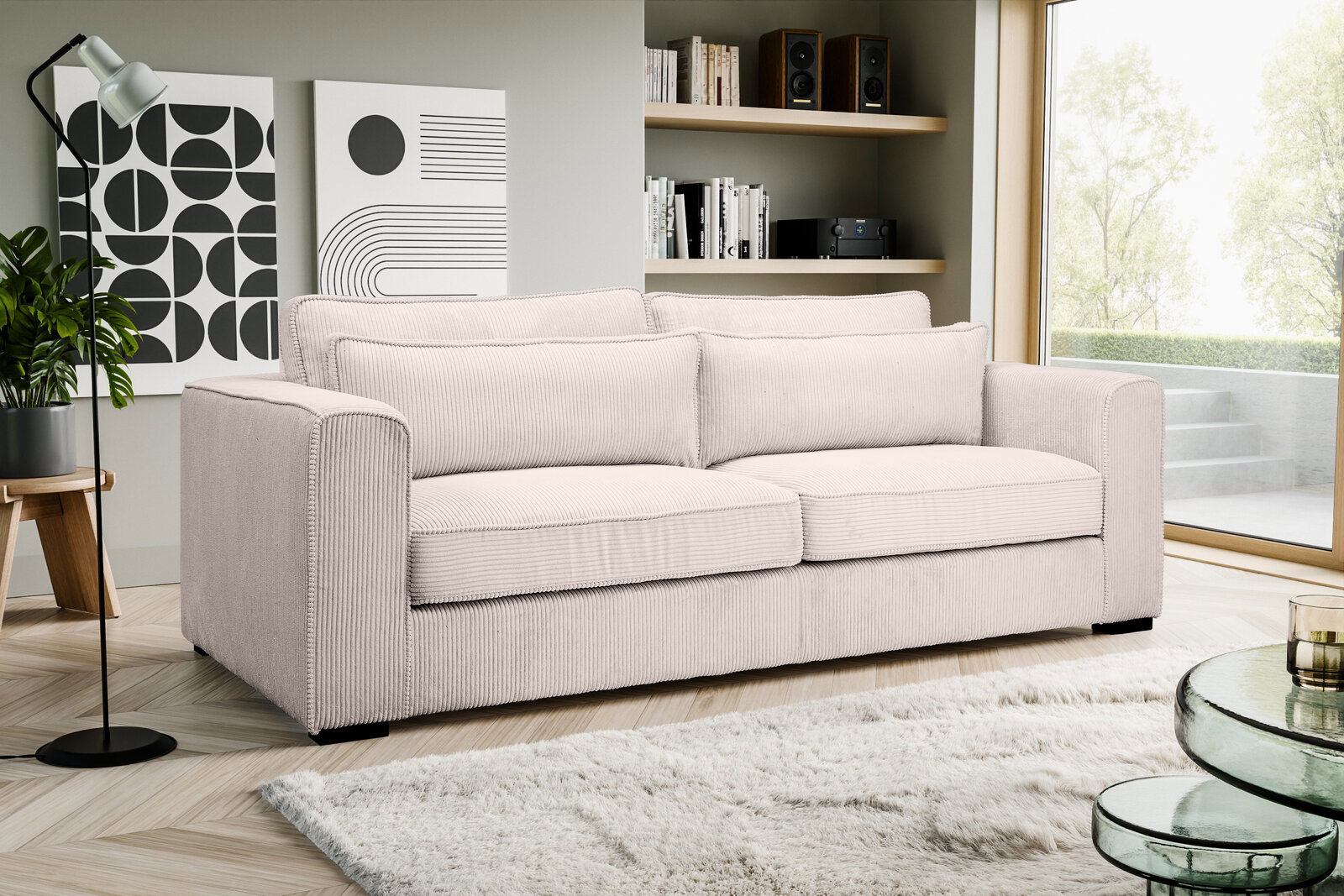 MID.YOU 3-Sitzer ALMERA Beiges 3-Sitzer-Sofa mit Cordbezug, breiten Armlehnen und zwei großen Rückenkissen im modernen Wohnzimmer, Perspektive: frontale Ansicht leicht von links.