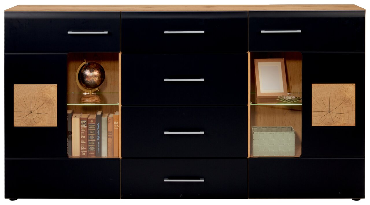 Modernes Sideboard mit schwarzer Front, Holzdetails und Glasregalen, frontal abgebildet.