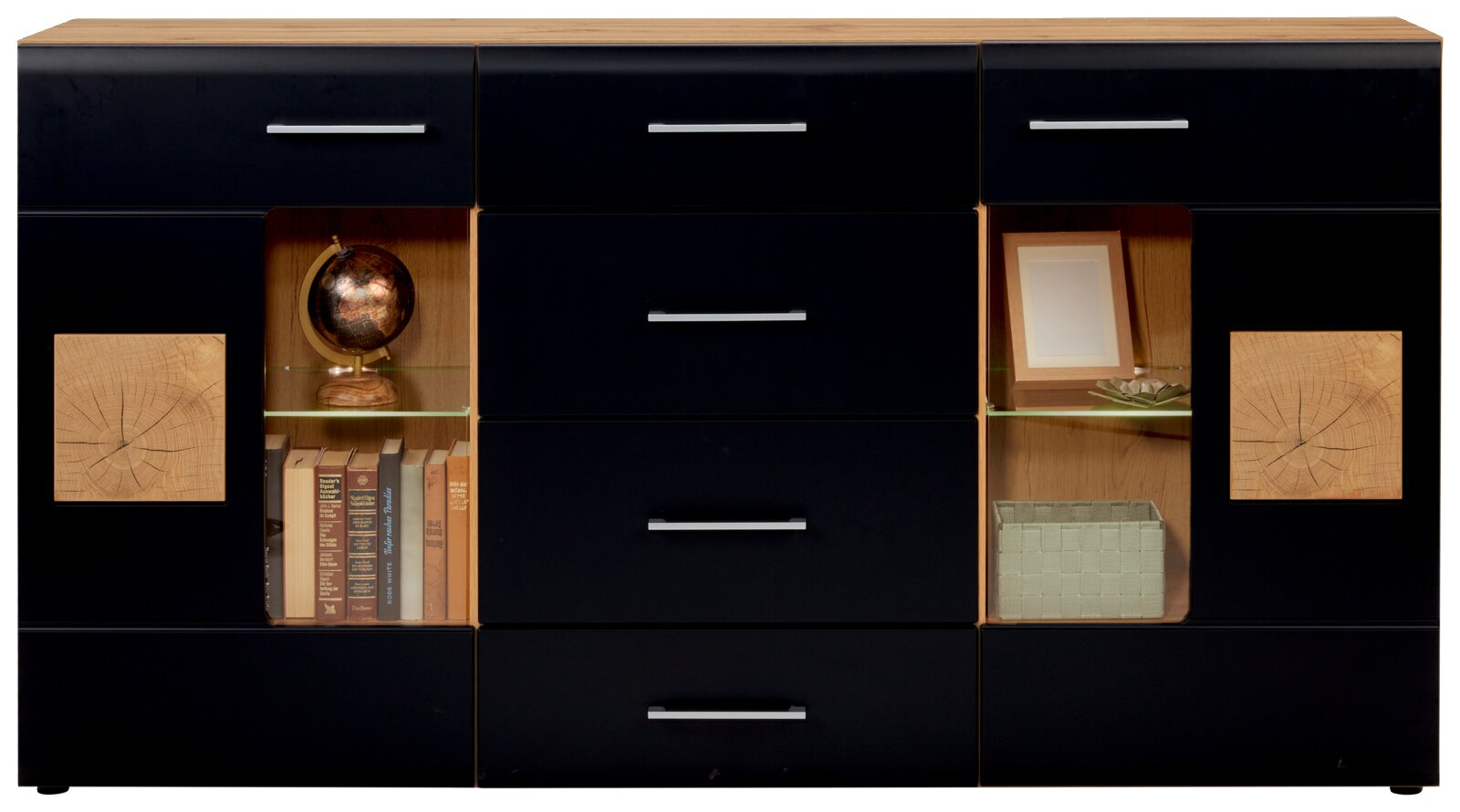 Modernes Sideboard mit schwarzer Front, Holzdetails und Glasregalen, frontal abgebildet.