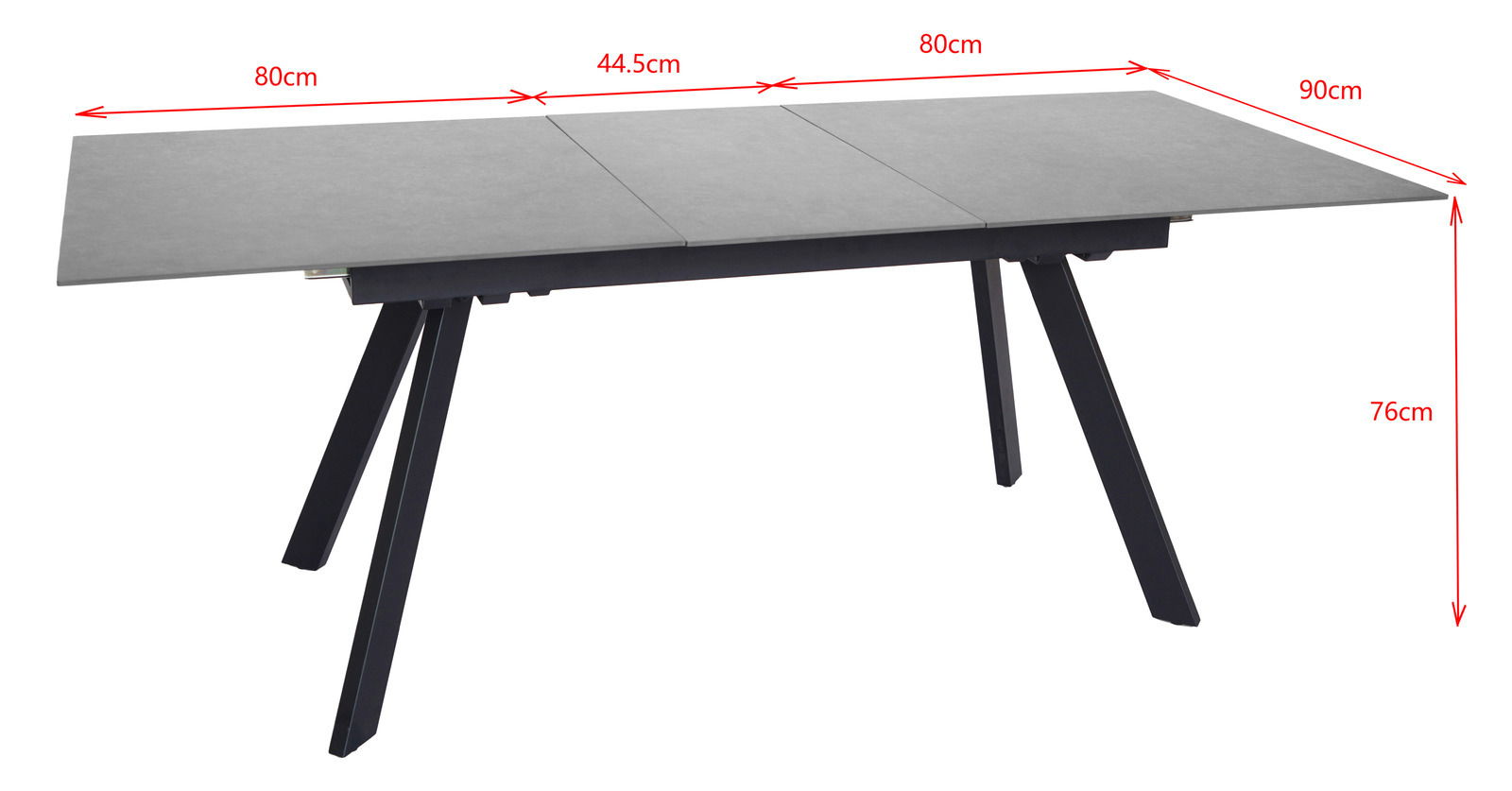 Moderner Esstisch mit ausziehbarer Tischplatte, seitliche Perspektive, Maße: 80cm x 90cm x 76cm