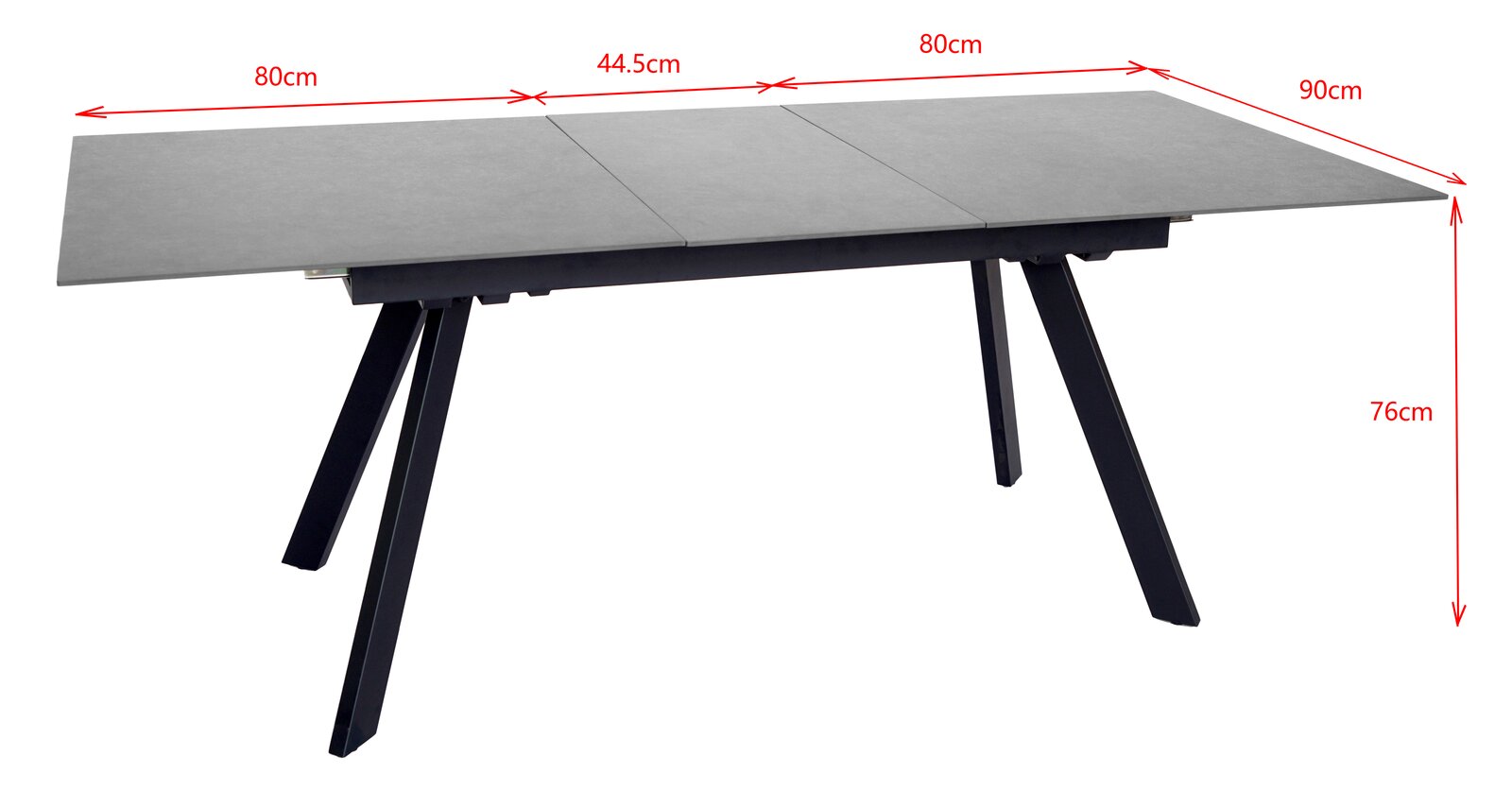 Moderner Esstisch mit ausziehbarer Tischplatte, seitliche Perspektive, Maße: 80cm x 90cm x 76cm