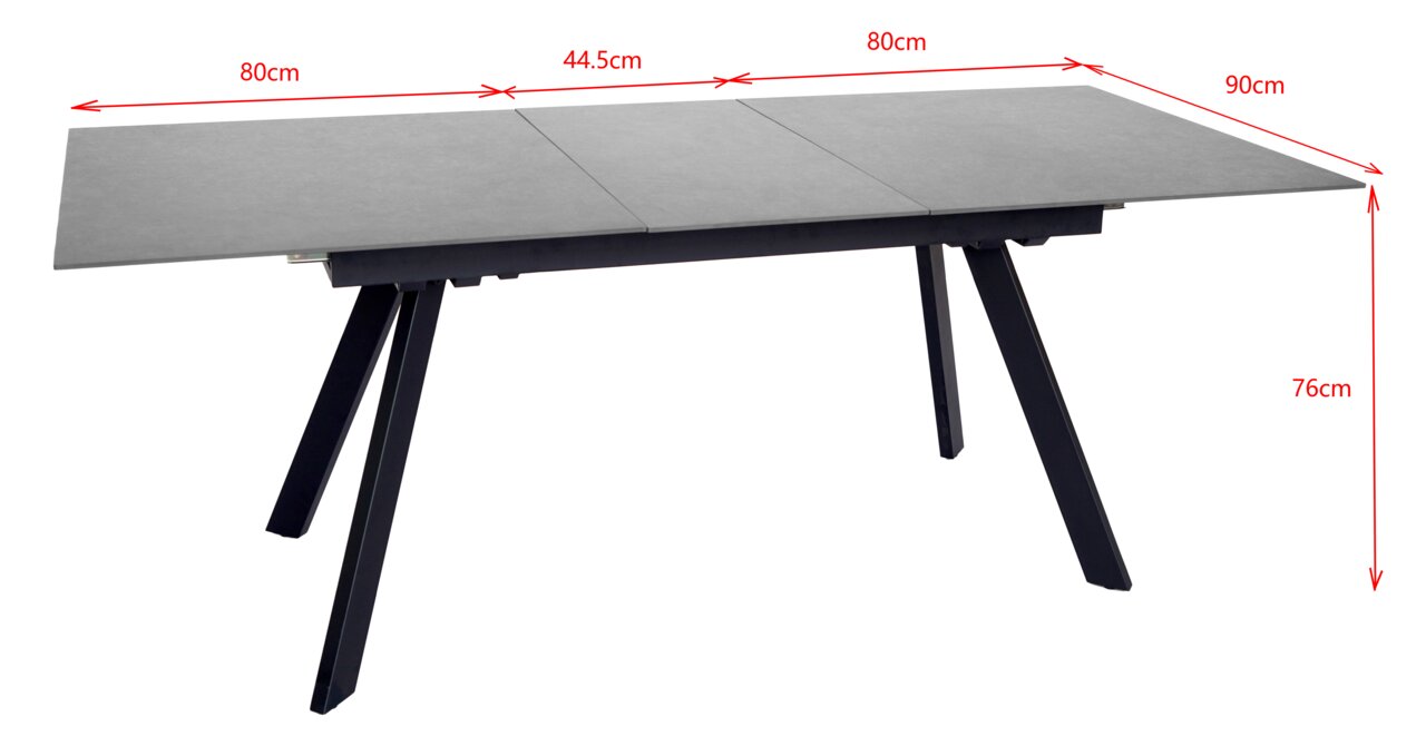 Moderner Esstisch mit ausziehbarer Tischplatte, seitliche Perspektive, Maße: 80cm x 90cm x 76cm