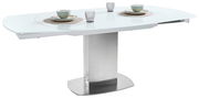 Moderner weißer Esstisch mit Glasplatte und Metallfuß, seitliche Perspektive, gedeckt mit Geschirr und Gläsern.