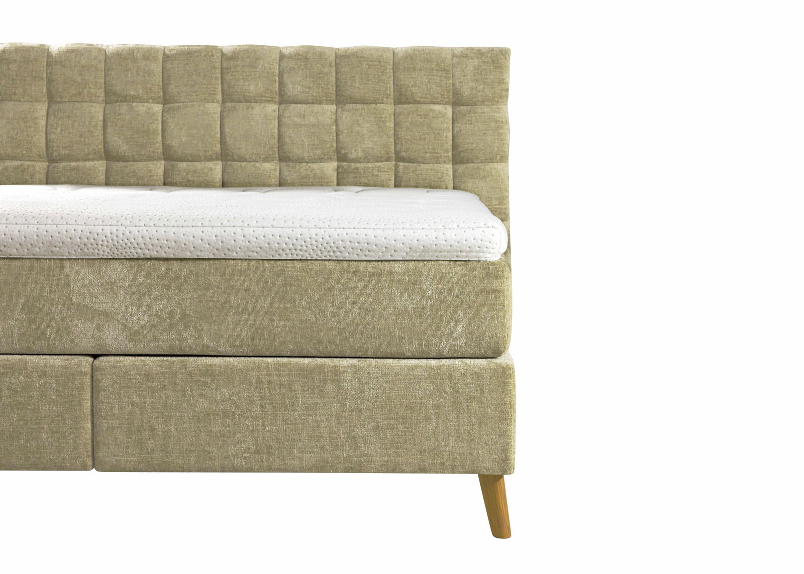 Seitliche Ansicht eines Boxspringbetts 180x200 mit gepolstertem Kopfteil und Holzfüßen.