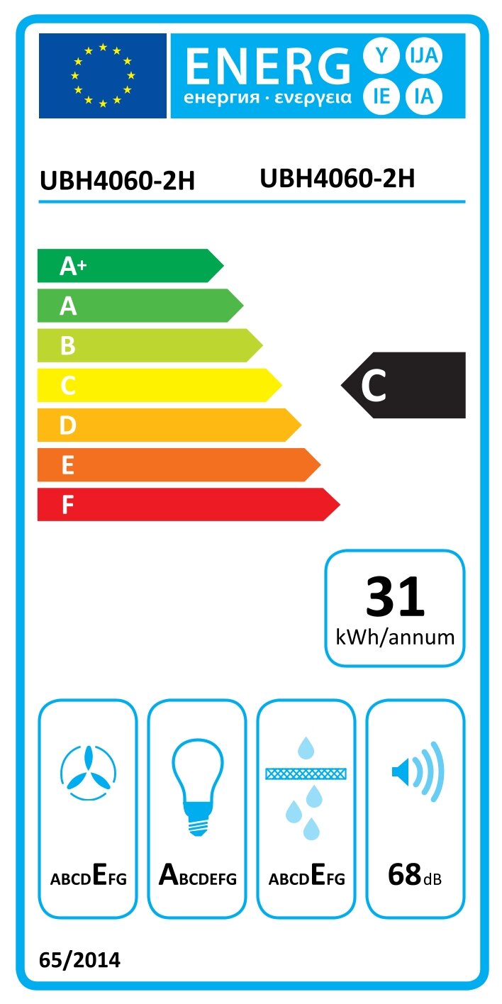 PKM Dunstabzugshaube UBH4060-2H EU-Energielabel für UBH4060-2H, Energieeffizienzklasse C, 31 kWh/annum, Geräuschpegel 68 dB, frontale Ansicht