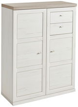 Weiße Aktenkommode mit mehreren Schubladen und Türen, seitliche Perspektive