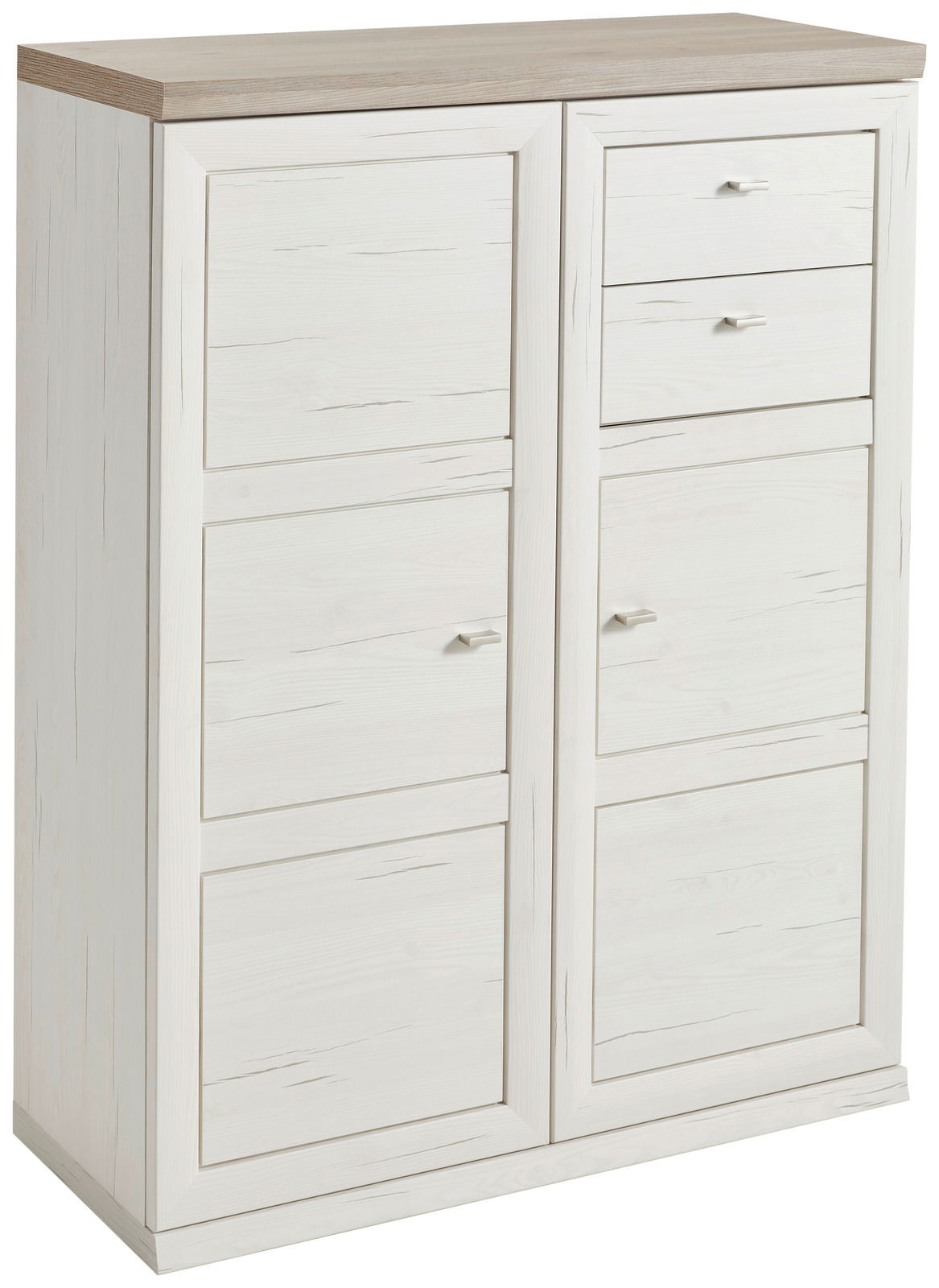 Weiße Aktenkommode mit mehreren Schubladen und Türen, seitliche Perspektive